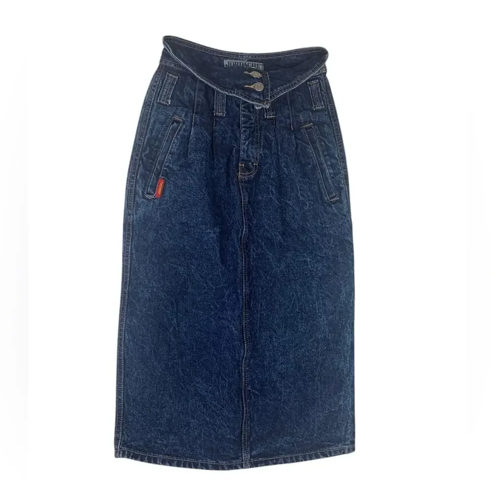 Jordache size 7 24 vintage acid wash Dark Blue Denim Skirt pencil retro 90s fold